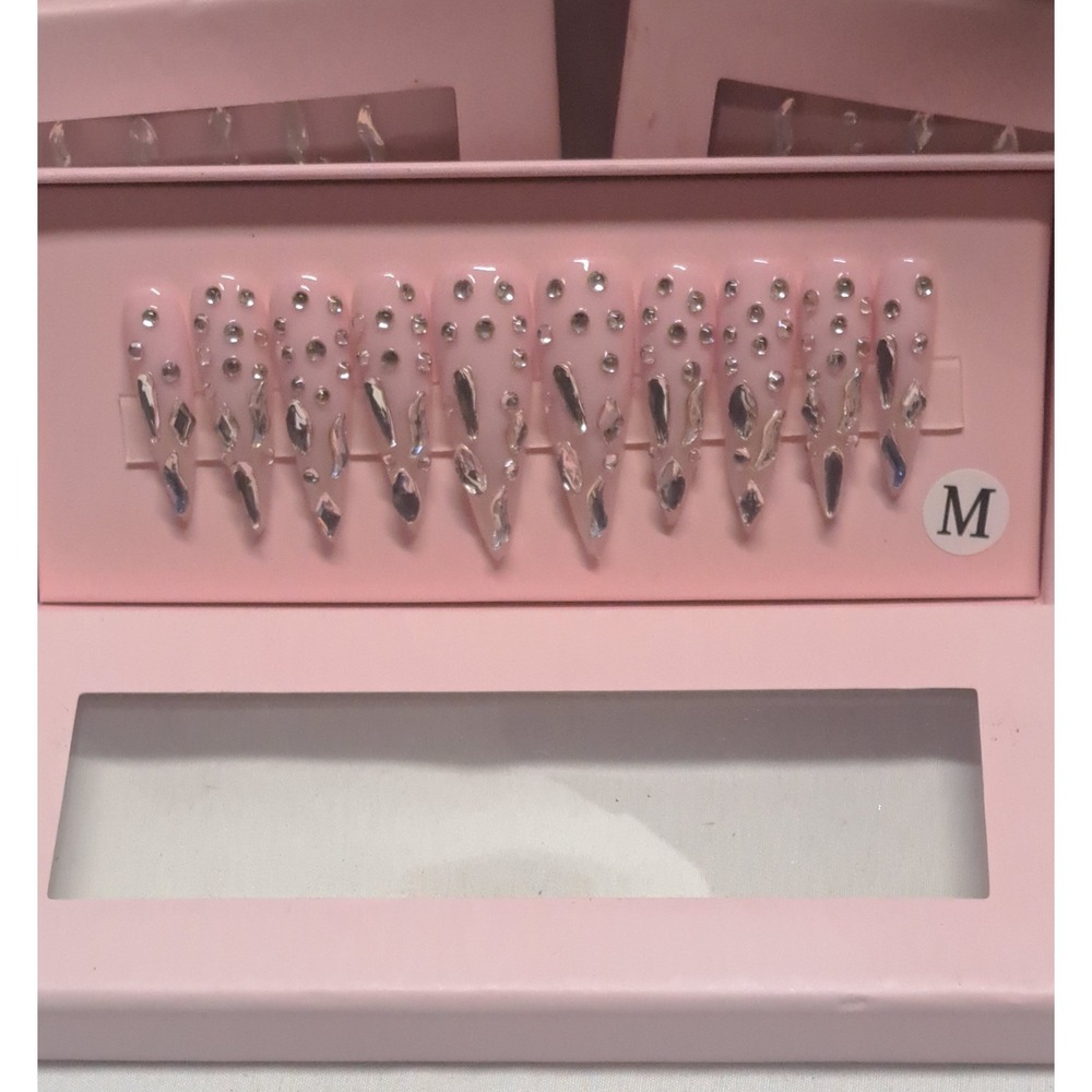 Handmade Almond Stiletto Press On Nails Pink Chrome Drip Rhinestone Bling Glam